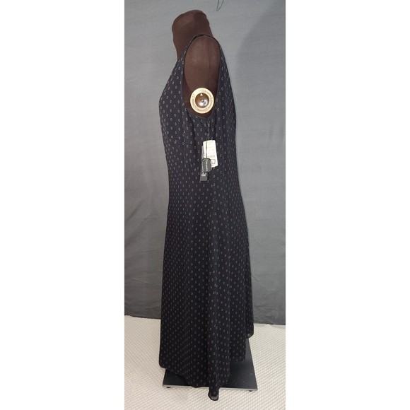 Tahari Black Tan Circle Print Sleeveless V Neck 100% Silk‎ Flare Dress Sz 12 NWT - Picture 2 of 13